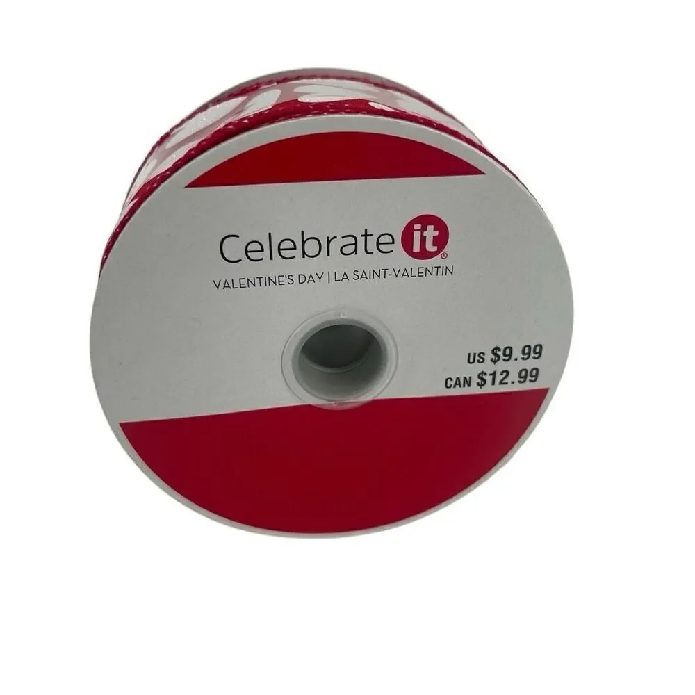 Celebrate It Valentine’s Day Red White Glitter Hearts Wired Ribbon 1.5” Wide